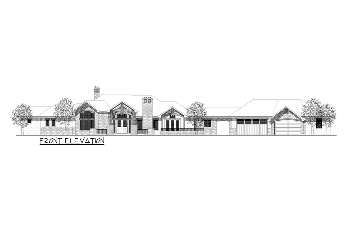 Front elevation drawing of a single-story house with stone accents, prominent gables, multiple chimneys, and a three-car garage.