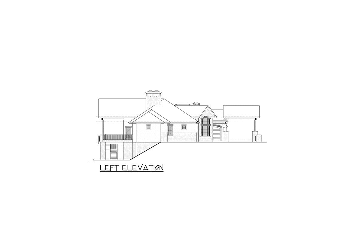 Left elevation drawing of a multi-story house with a covered porch, gables, arched window, and attached garage.