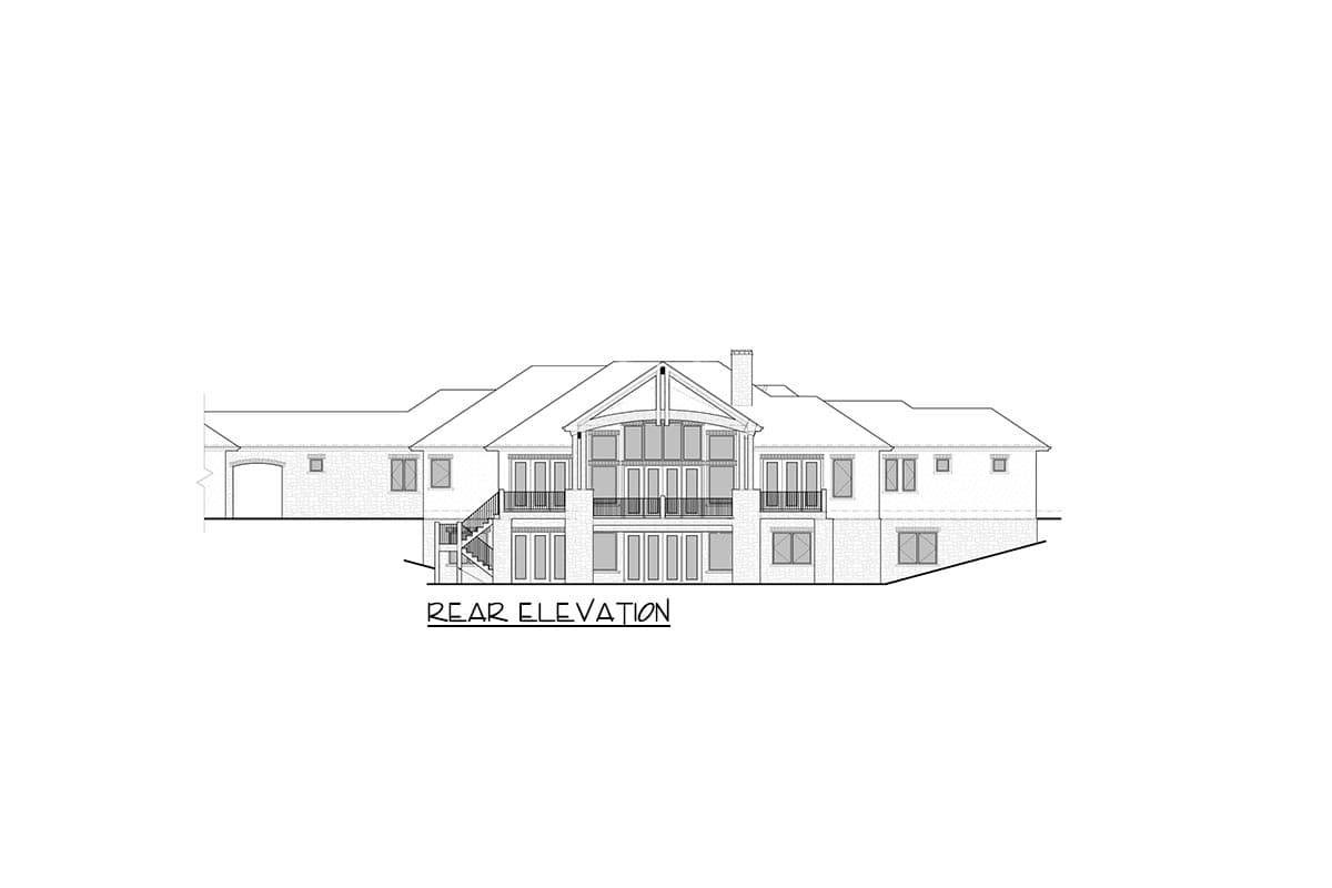 Rear elevation drawing shows a large house with multiple gables, a two-story great room with expansive windows, and balconies.