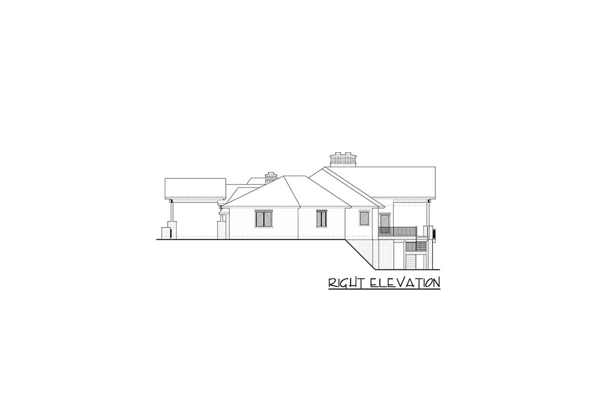 Right elevation drawing of a house plan showing a multi-level roofline, windows, and a deck.