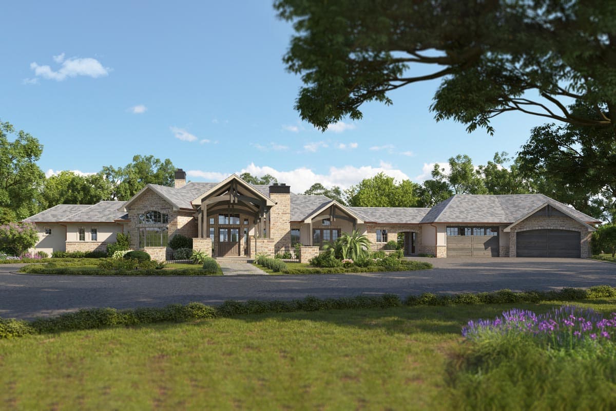 House plan exterior. Stone and stucco single-story home with covered entryway, gabled roof, and attached garage with two bays.