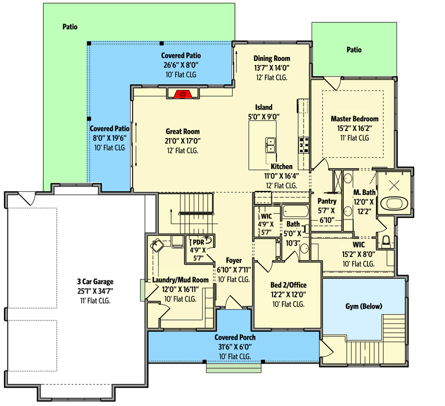 Plan 95130RW: Rustic Mountain Ranch Home Plan with L-Shaped Rear Covered Patio - 2105 Sq Ft - Floor Plan - Main Level - Country, Craftsman, Mountain, New American, Ranch, Rustic