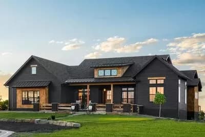 Rustic Mountain Ranch Home Plan with L-Shaped Rear Covered Patio - 2105 Sq Ft
