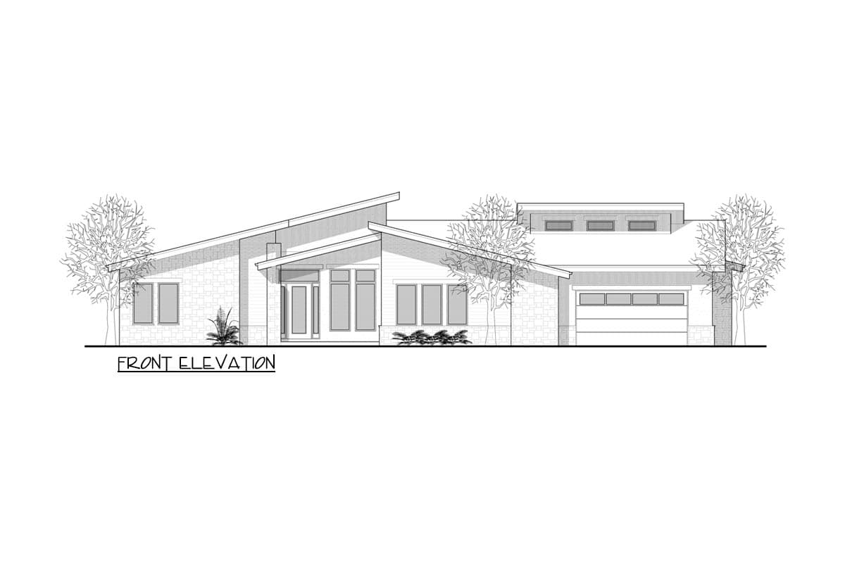 Front elevation drawing of a modern house with asymmetrical rooflines, stone accents, prominent entry, and a two-car garage.