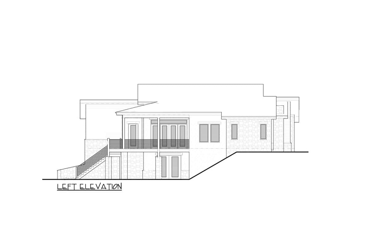 Left elevation drawing of a house with a multi-level roof, balcony, and stone facade details.