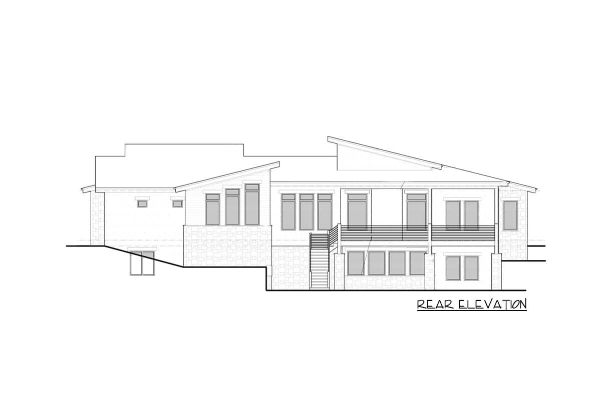 Rear elevation drawing of a house with multiple levels, large windows, and a sloped roofline.