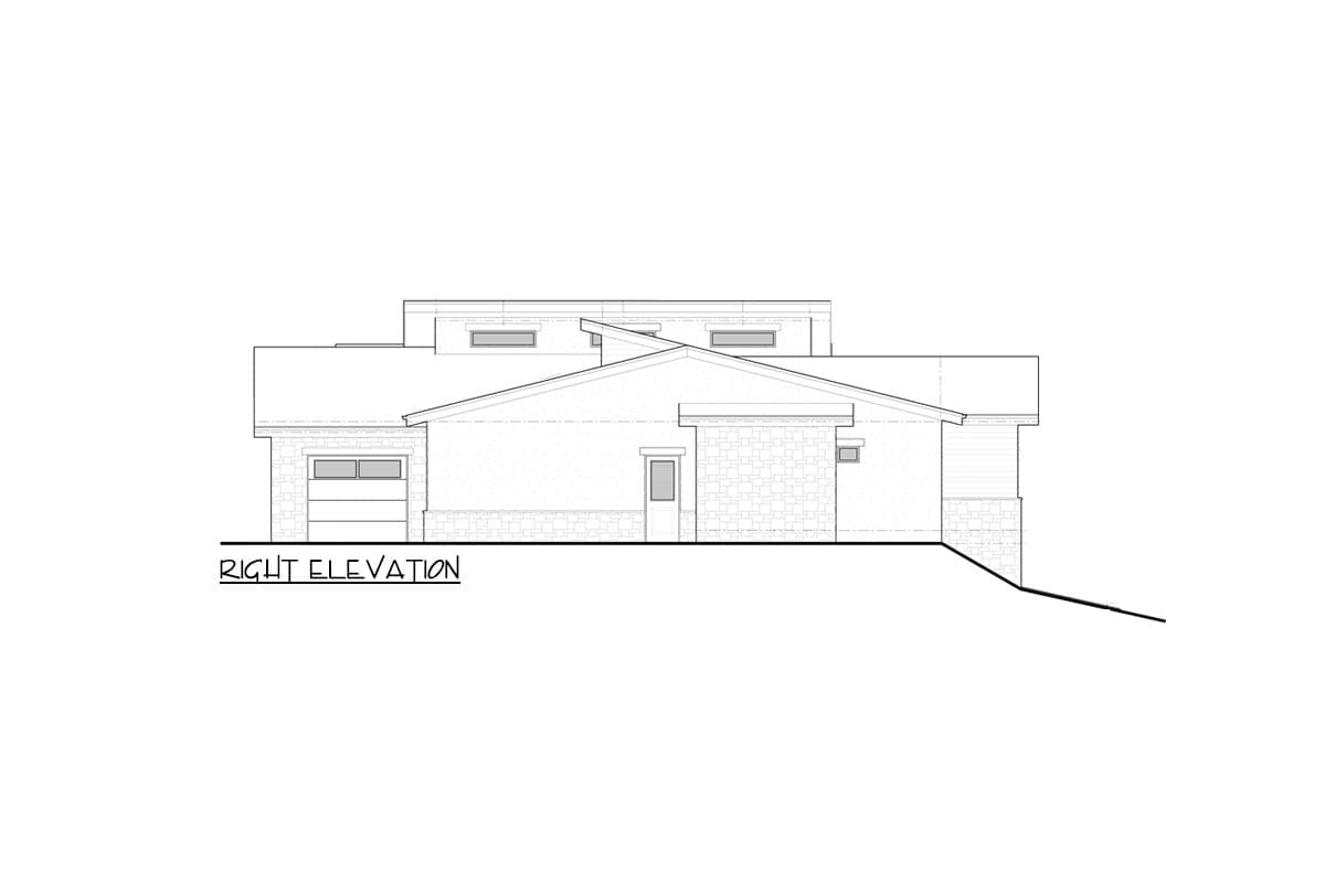Right elevation drawing of a single-story house plan with a garage, varied rooflines, and stone accents.