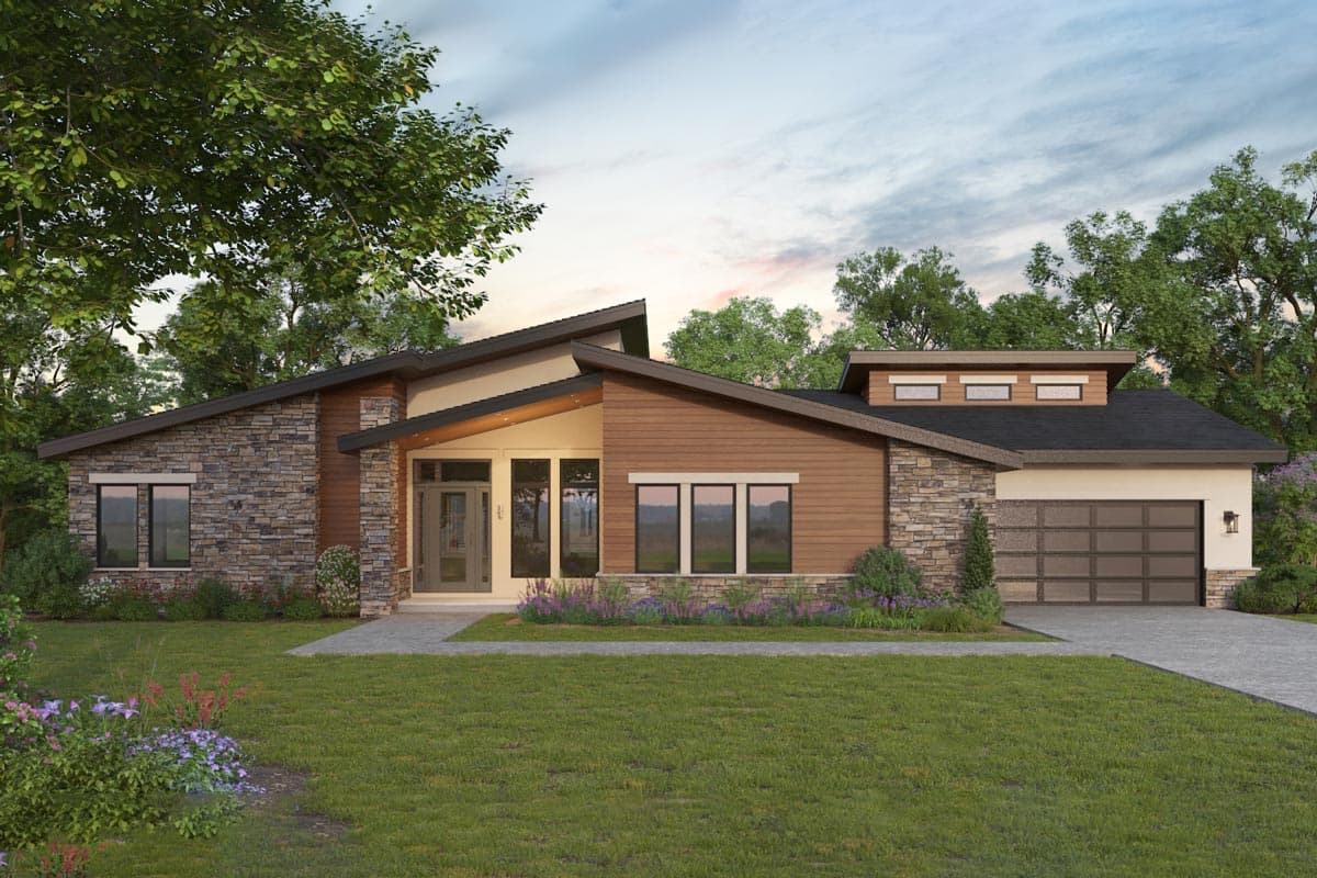 House plan exterior featuring a single-story modern design with stone and wood siding, a flat roof, and an attached garage.