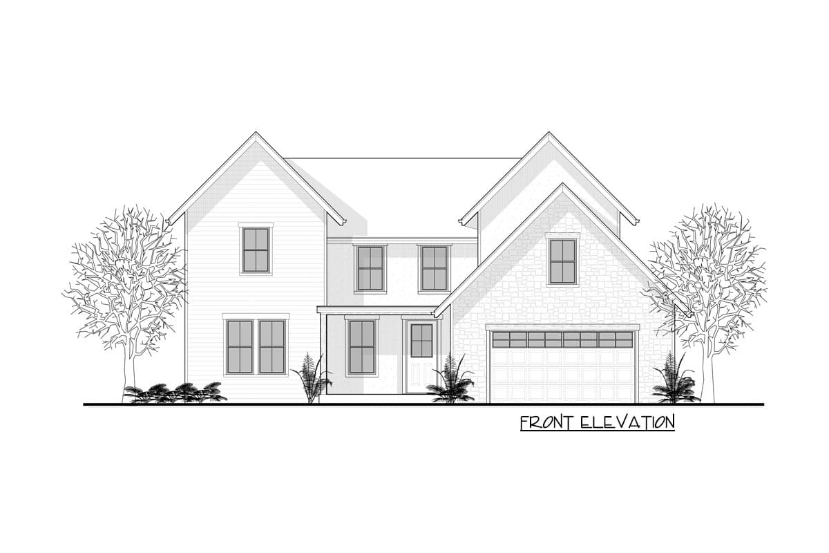 Front elevation drawing of a two-story house plan with a gabled roof, mix of siding and stone, covered entry, and attached garage.