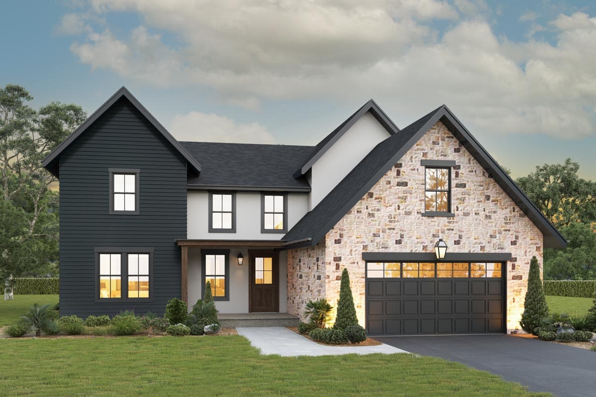 Two-story Modern Farmhouse exterior with gabled roof, stone facade, and attached garage. Features dark siding, a covered entry, and decorative trim.