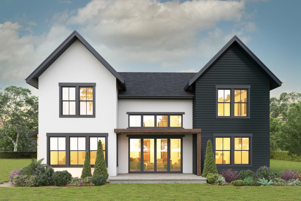 House plan exterior: two-story modern home with contrasting white and dark siding, gabled rooflines, and large window banks.
