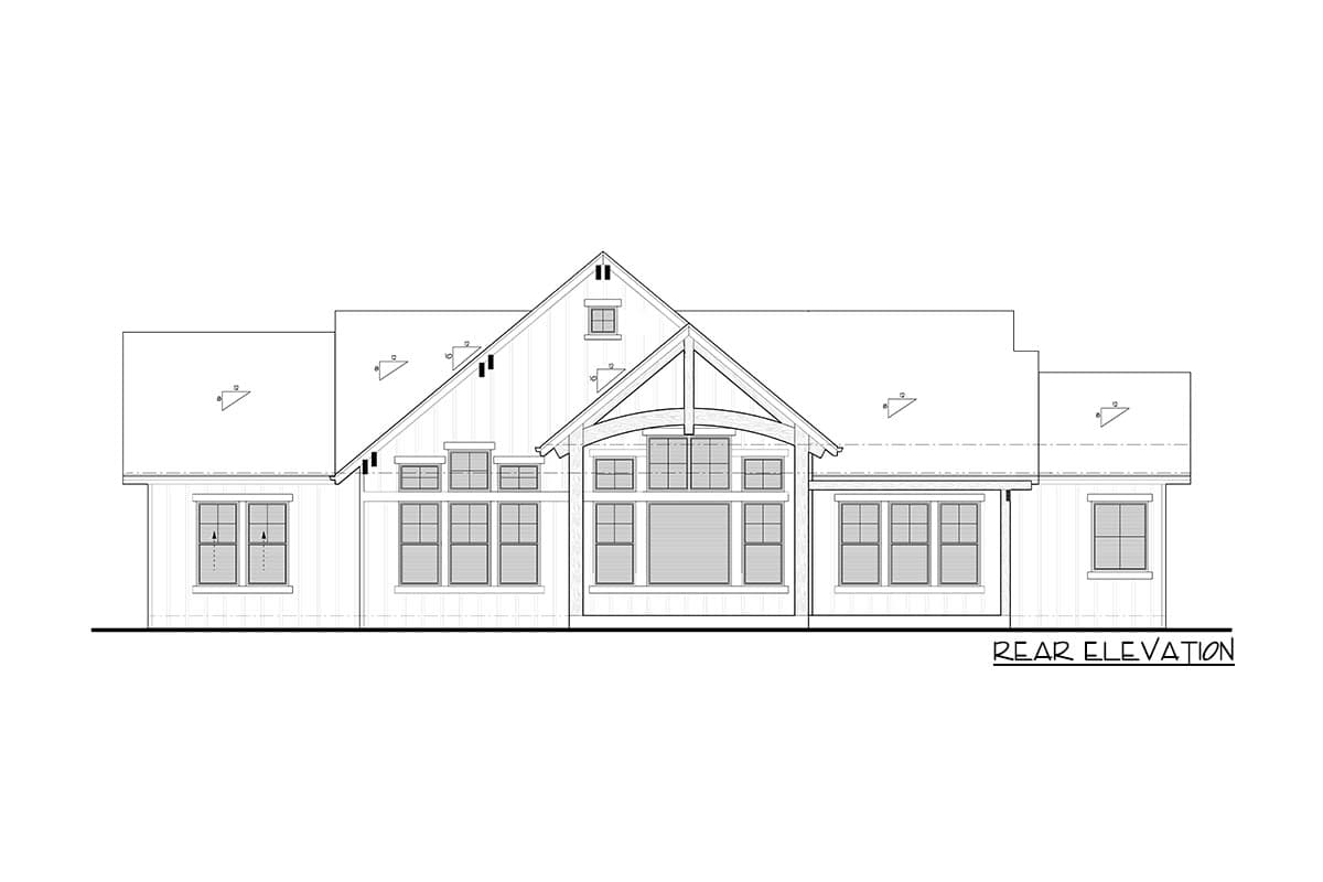 Rear elevation house plan with multiple gables, a prominent central gable, and a series of stacked windows.