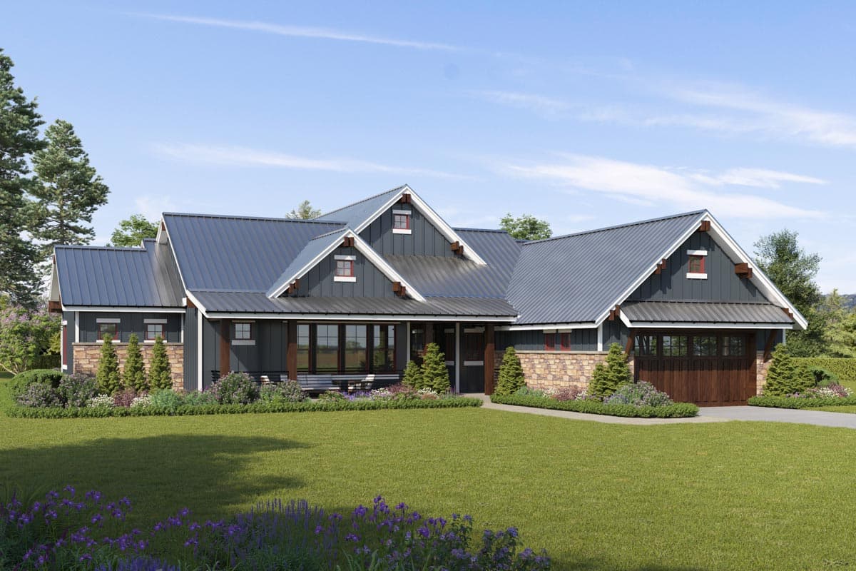 House plan exterior. Modern farmhouse style with a single story, metal roof, gabled rooflines, and a covered porch with stone accents.