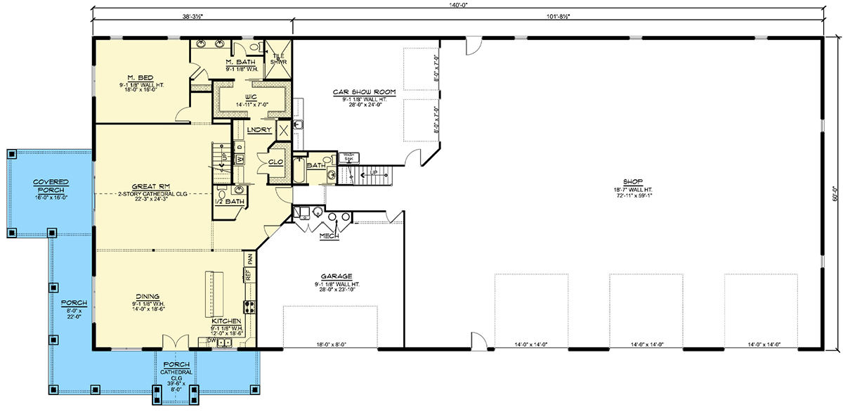 Plan 135079GRA: Shouse with Two-Story Great Room, a Car Show Room and a Home Office - 4491 Sq Ft - Floor Plan - Main Level - Barndominium, Country, Traditional