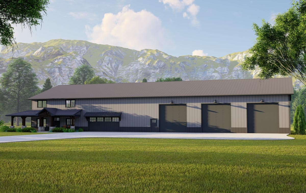 House plan exterior. Two-story structure with gable roof. Features include covered porch with columns, a three-bay garage, and a shed-roofed entry.