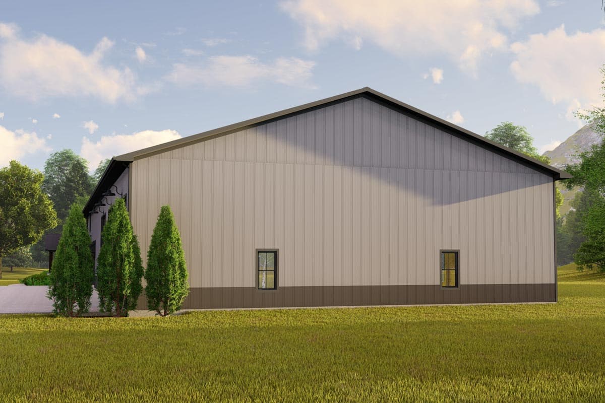 House plan exterior rendering: metal siding, gable roof, two small windows, and prominent gables.