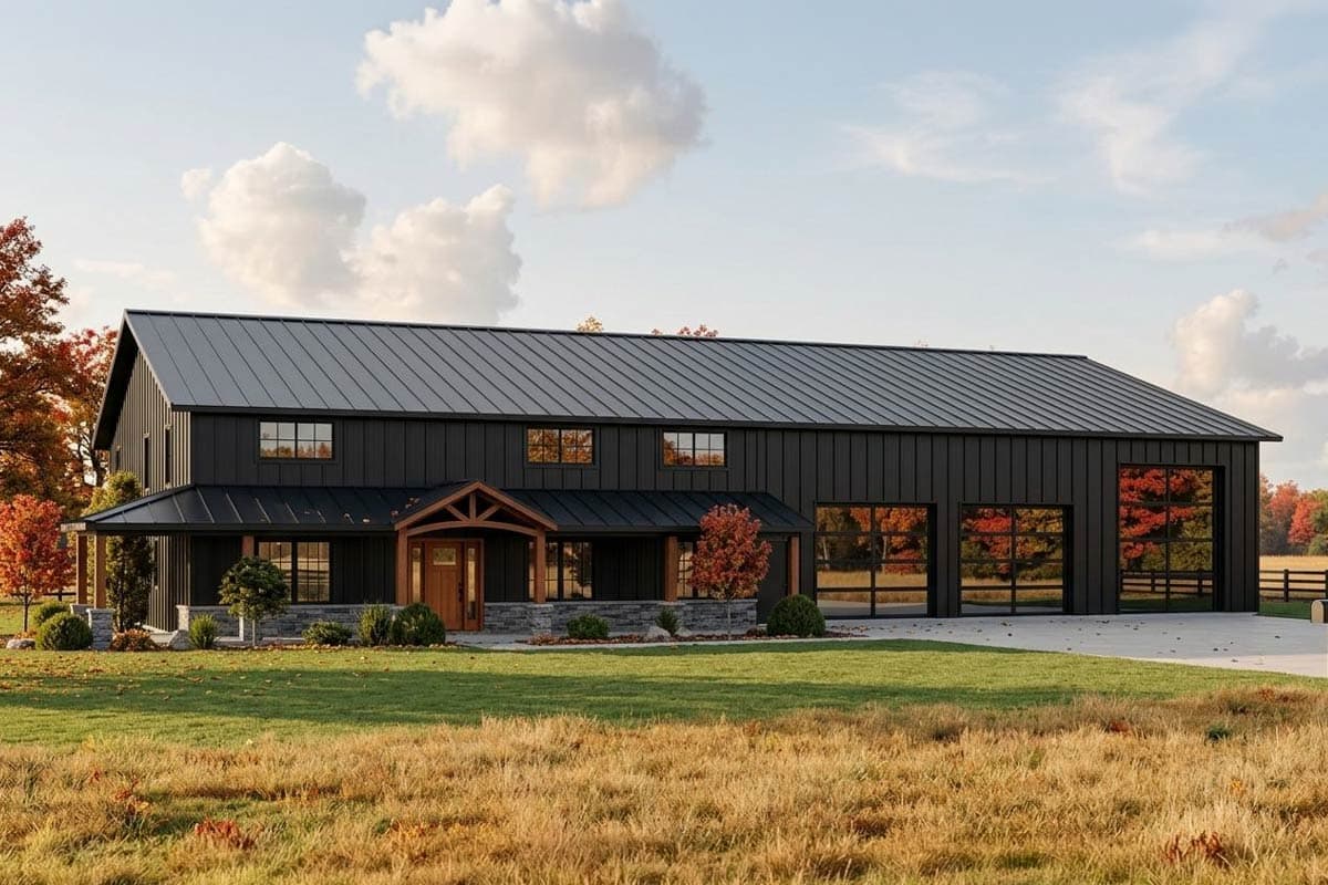 House plan exterior with two stories and a modern farmhouse style. Features include a porch, multiple windows, and a metal roof.