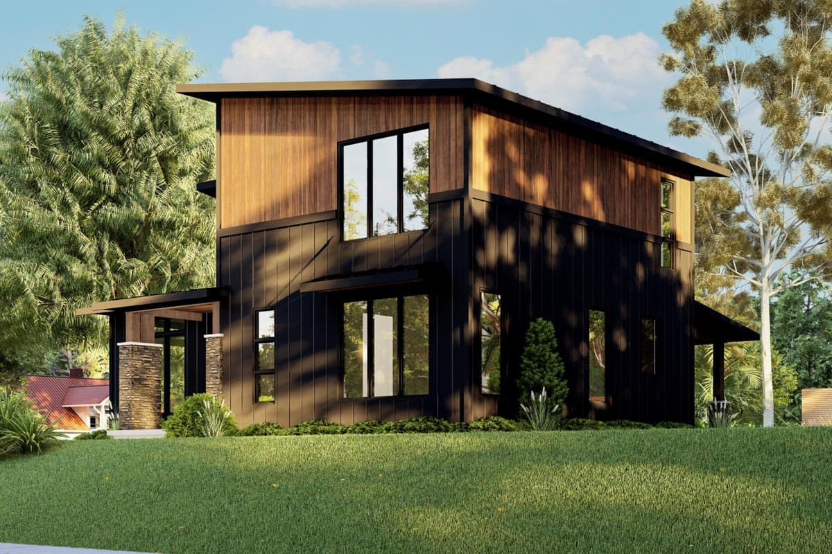 Modern two-story house plan exterior with a flat roof, wood and black vertical siding, and stone pillars at the entrance.