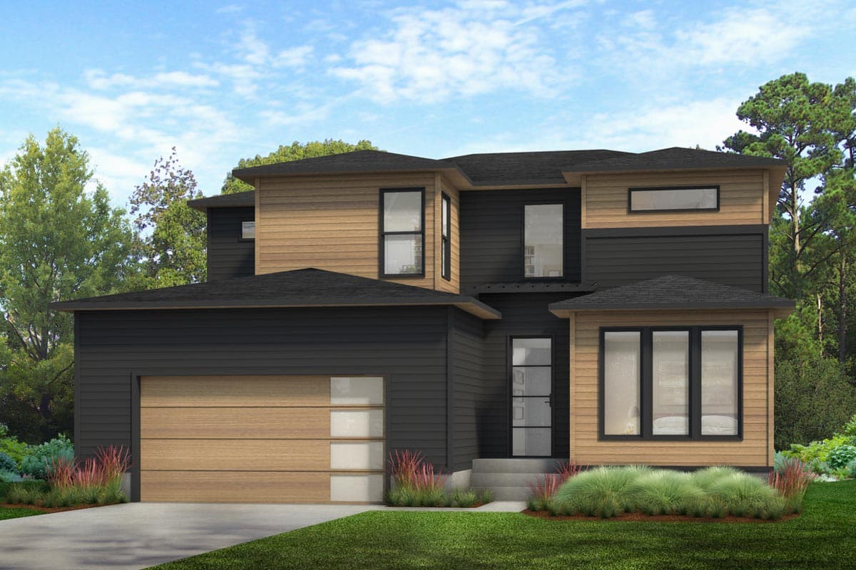 House plan exterior. Modern style, two-story home with a multi-gabled roof, wood siding, and an attached garage with a horizontal door.