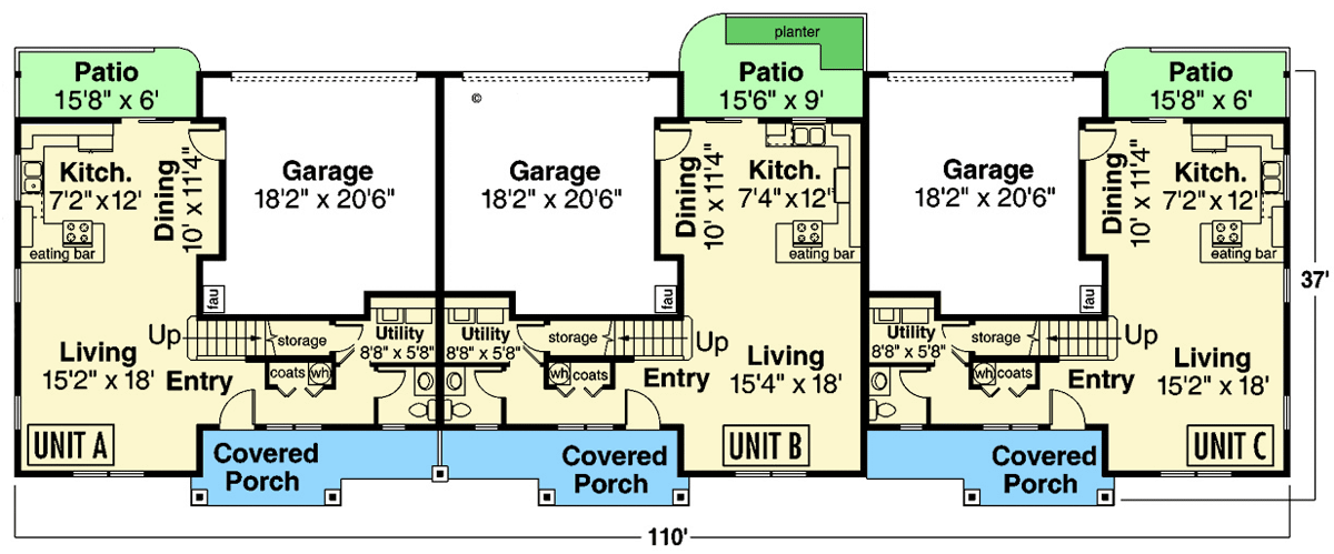 Plan 72312DA: Two-story Craftsman Triplex Offering 3-Bedroom Units - Floor Plan - Main Level - Country, Craftsman, Traditional