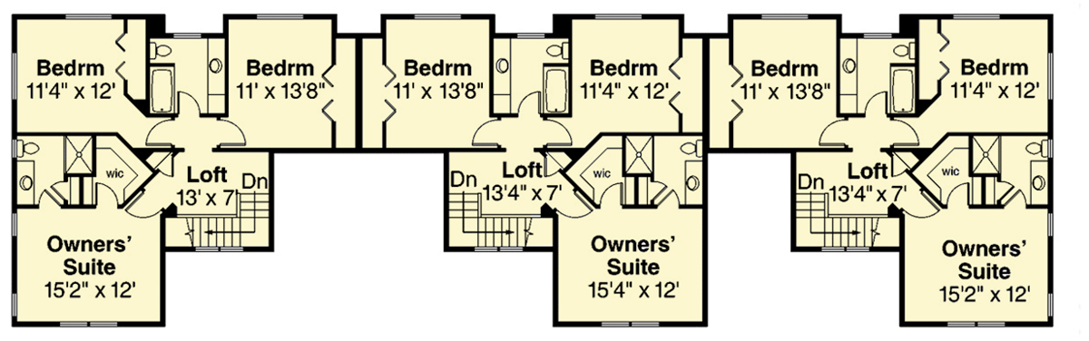 Plan 72312DA: Two-story Craftsman Triplex Offering 3-Bedroom Units - Floor Plan - 2nd Floor - Country, Craftsman, Traditional