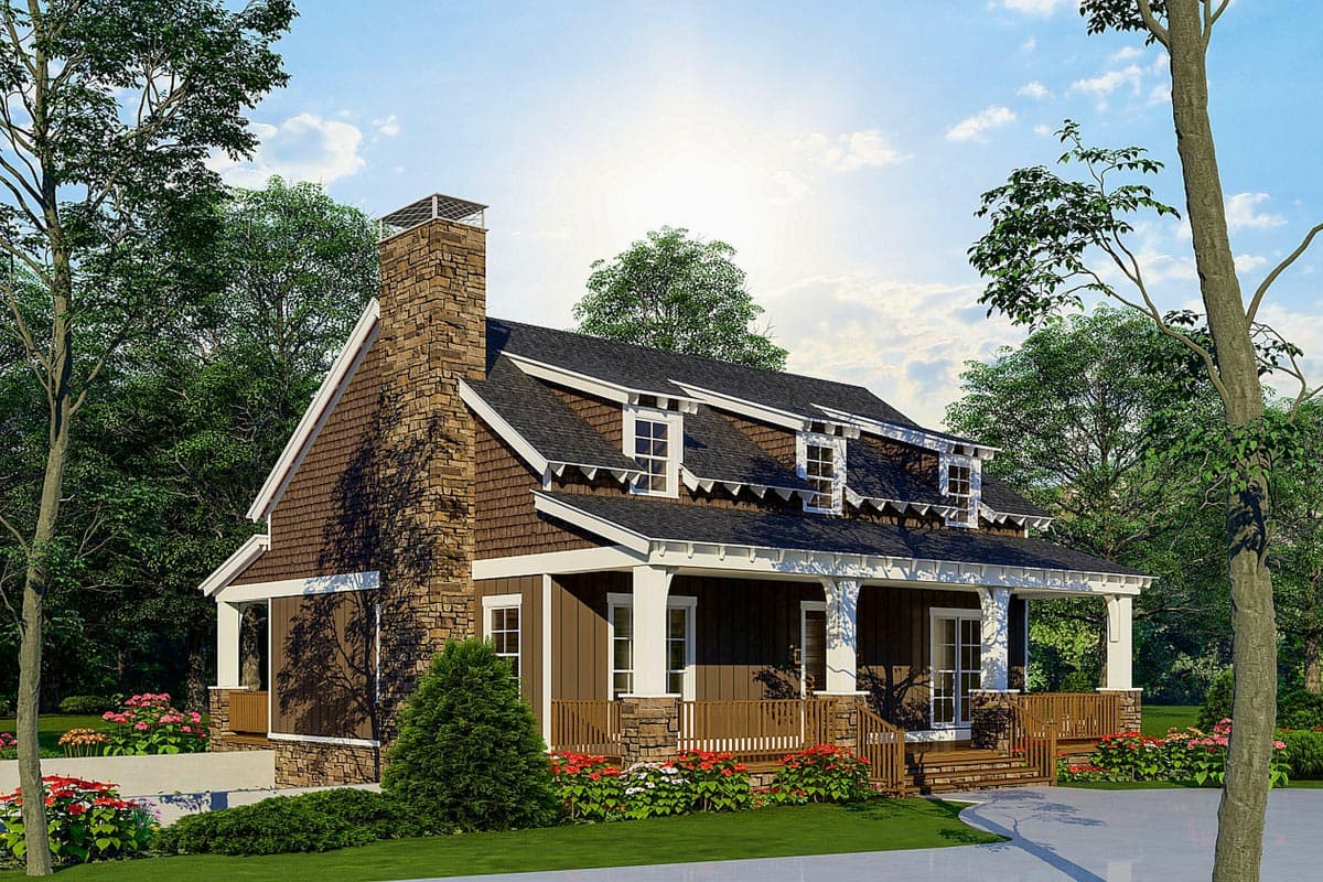 House plan exterior. Craftsman style, one story home with a front porch, stone chimney, and dormers. Features include a gabled roof and shake siding.