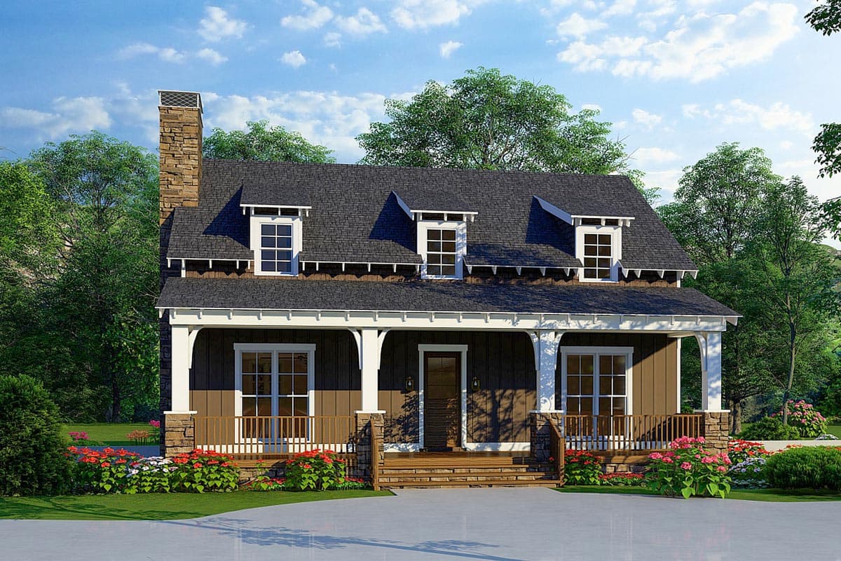 House plan exterior: Two-story Craftsman style with wraparound porch, stone accents, dormer windows, and prominent chimney.
