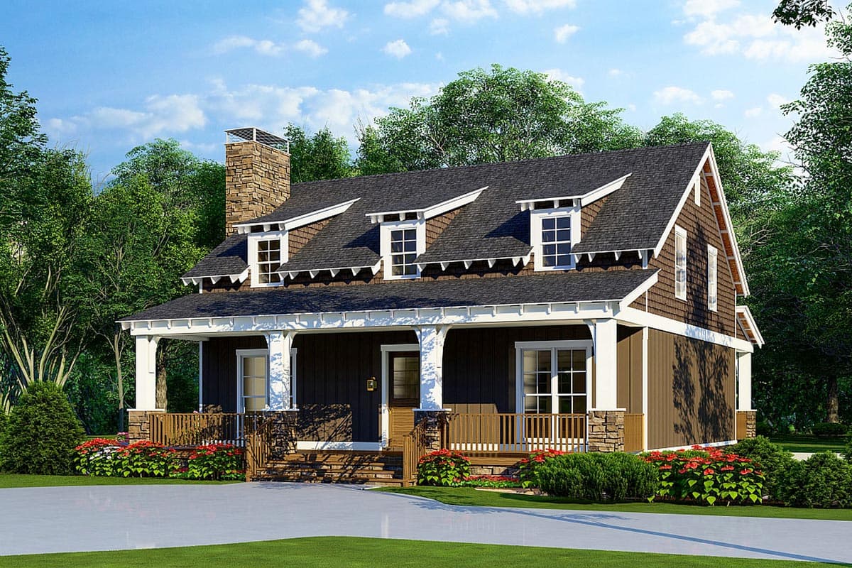 House plan exterior: Craftsman style, one-and-a-half stories, wraparound porch, stone chimney, and dormer windows.