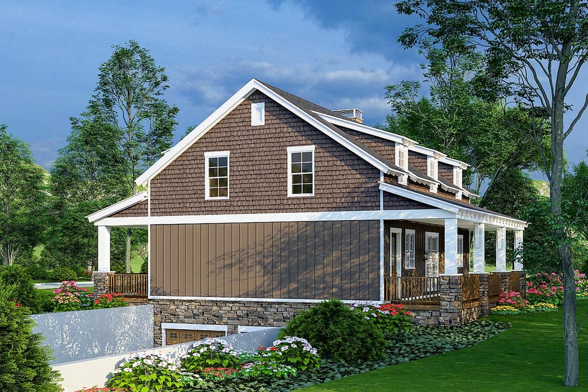 House plan exterior: Two-story home with stone foundation, wood siding, shingled gables, dormers, and a wraparound porch.