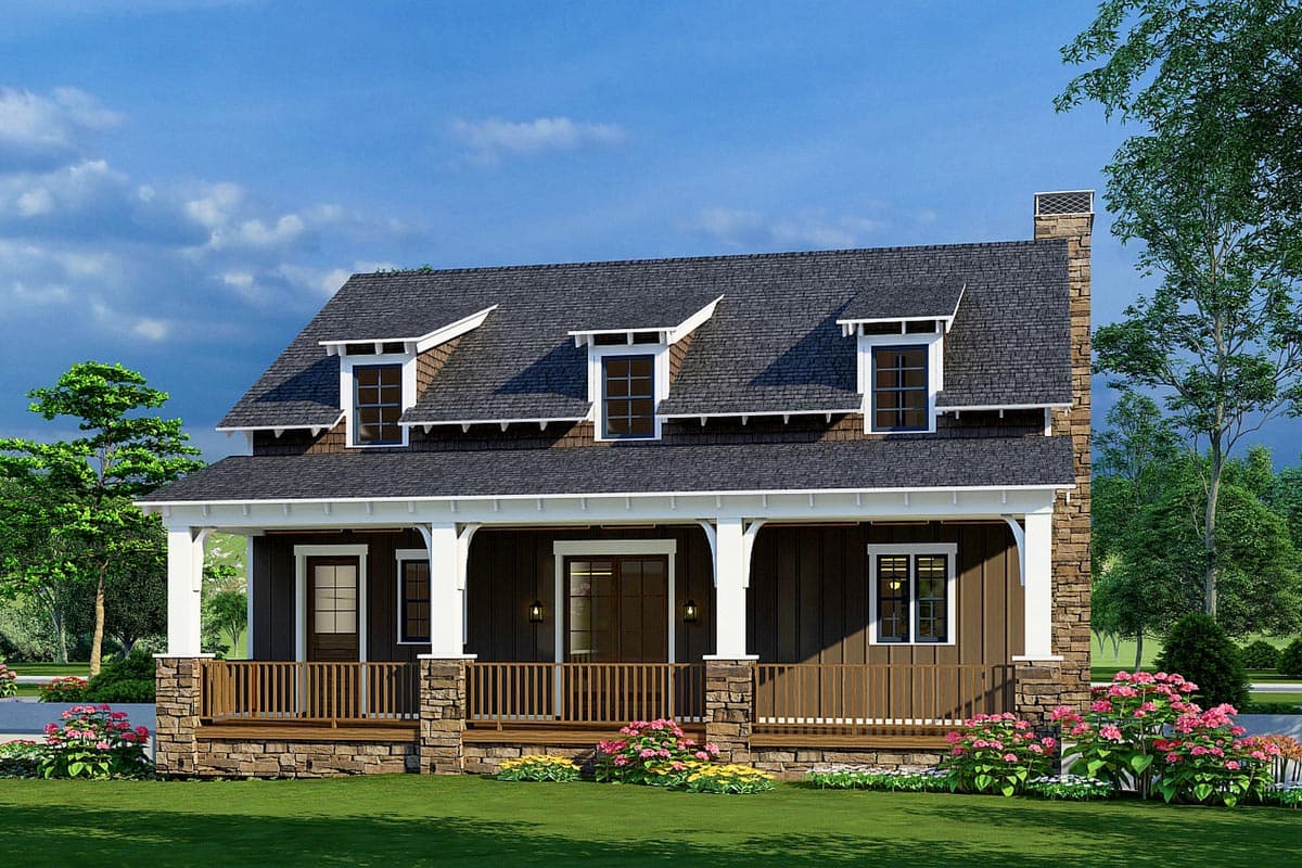 House plan exterior: Two-story cottage with wraparound porch, stone accents, dormers, and a stone chimney.