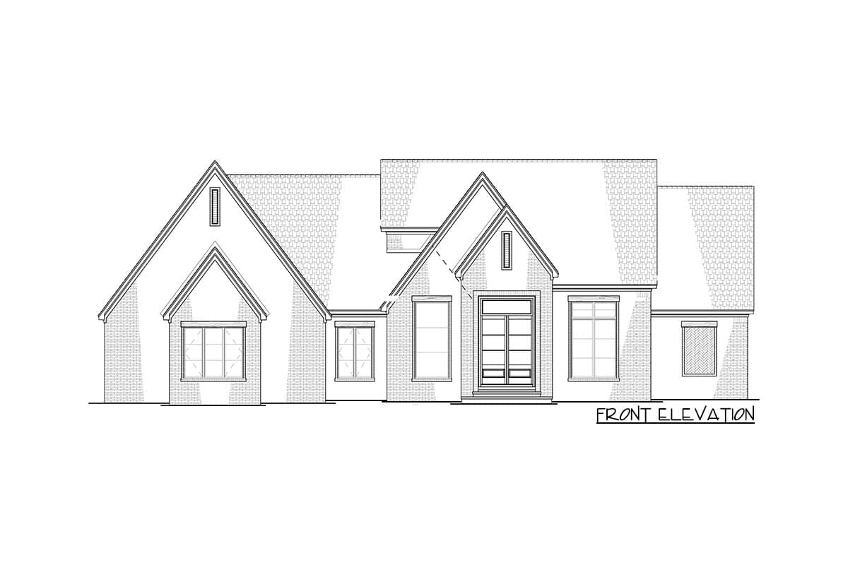 Front elevation drawing of a one-story house plan with multiple gables, a prominent entry, and varied window designs.