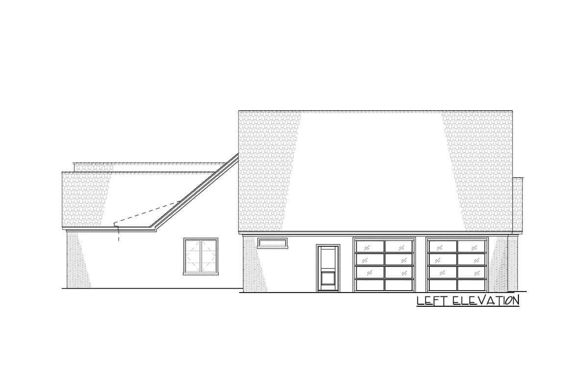 Left elevation drawing of a house plan showing a hip roof, two windows, a door, and a two-car garage.