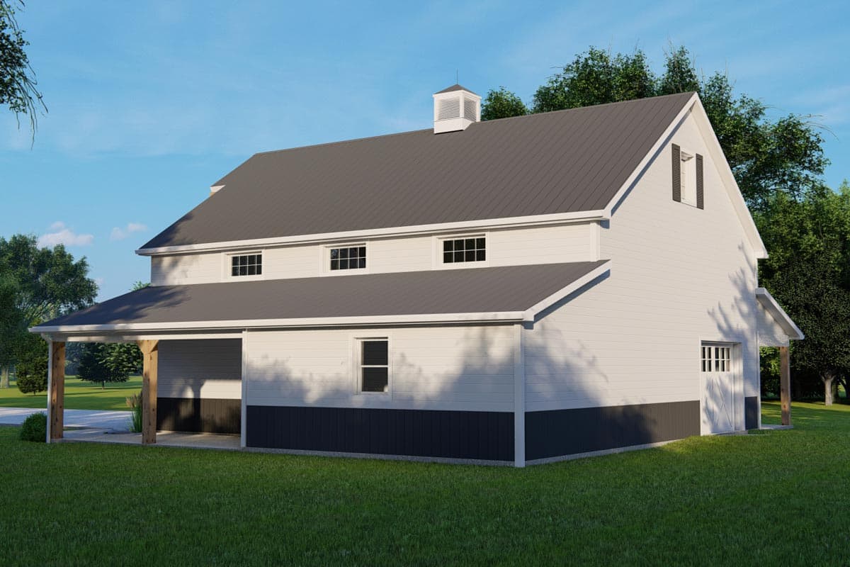 House plan exterior rendering of a two-story Modern Farmhouse with a gambrel roof, attached garage, and covered porch.