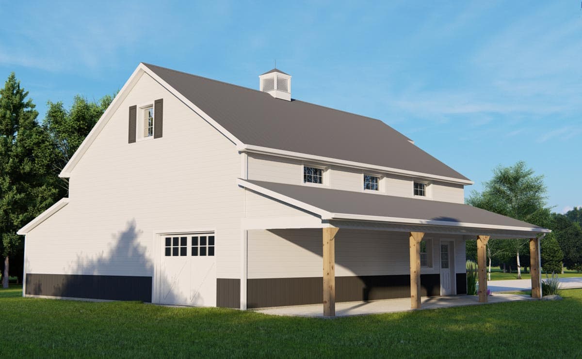 Two-story house plan exterior with a gambrel roof, side-facing garage door, and covered porch with wooden posts.