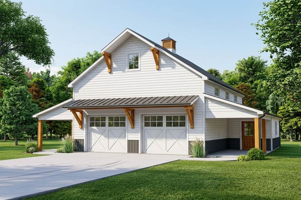 House plan exterior. Two-story Modern Farmhouse with gables, bracketed eaves, and attached garage with two bays. Features a cupola.