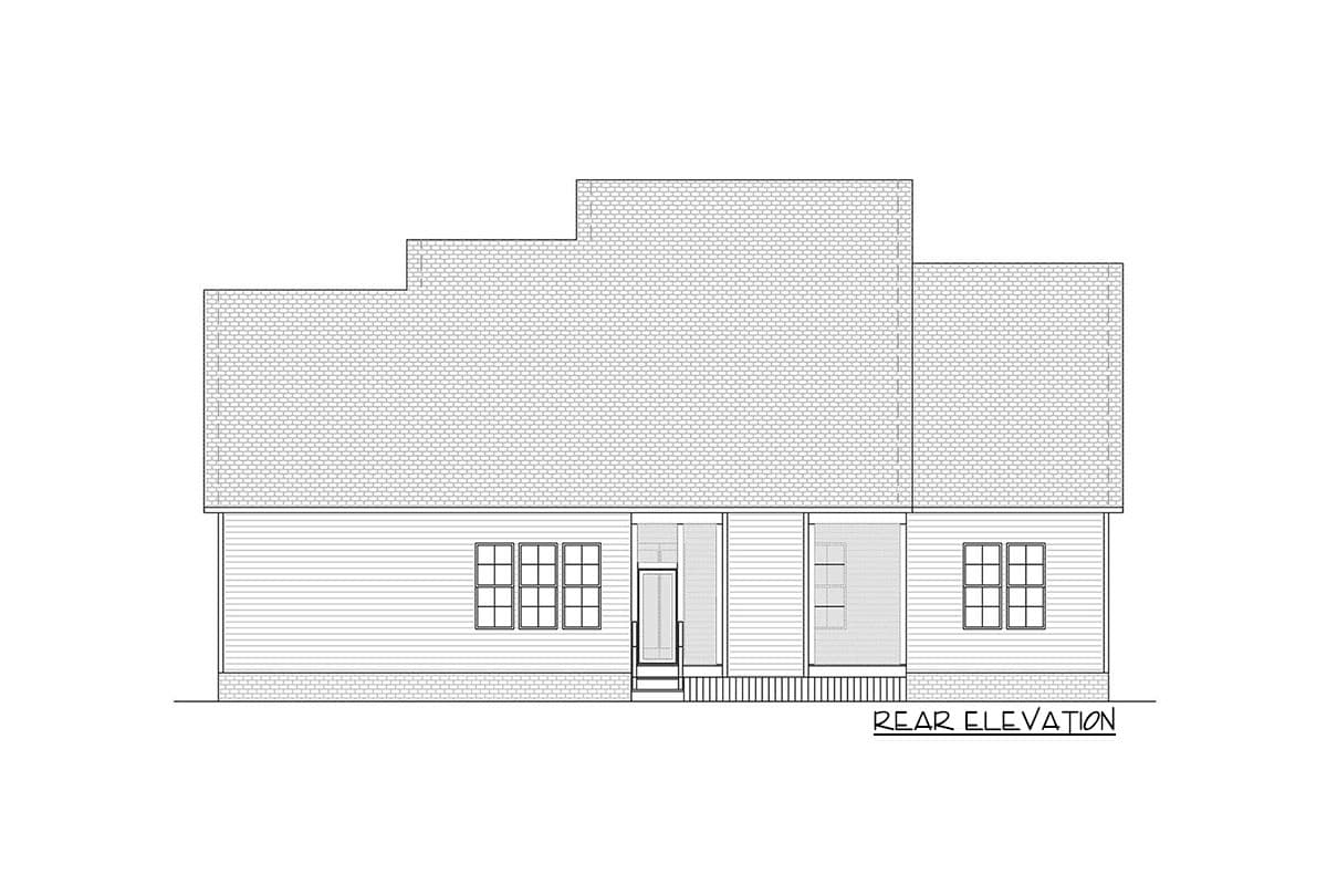 Rear elevation drawing of a house plan, showing a multi-level roof, siding, door, and several windows.