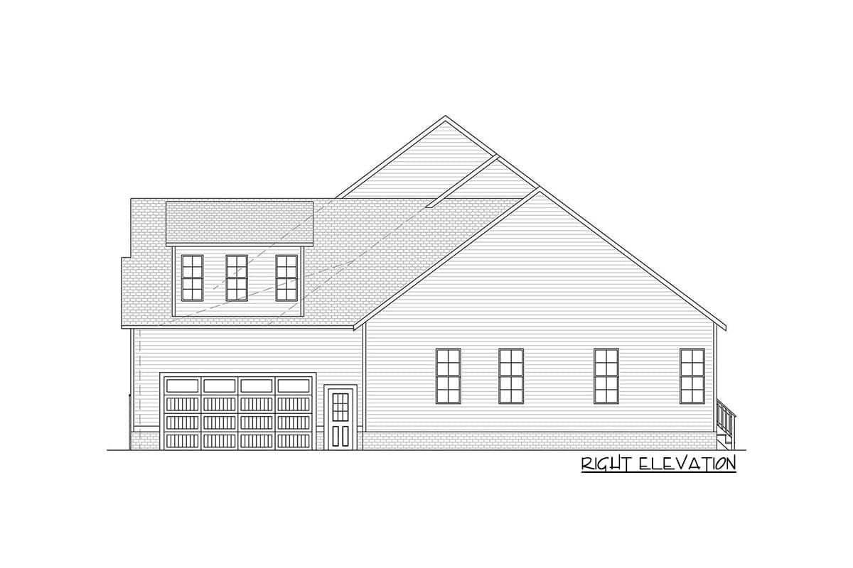Right elevation house plan showing a side view with a garage, front door, dormer, and multi-pane windows.