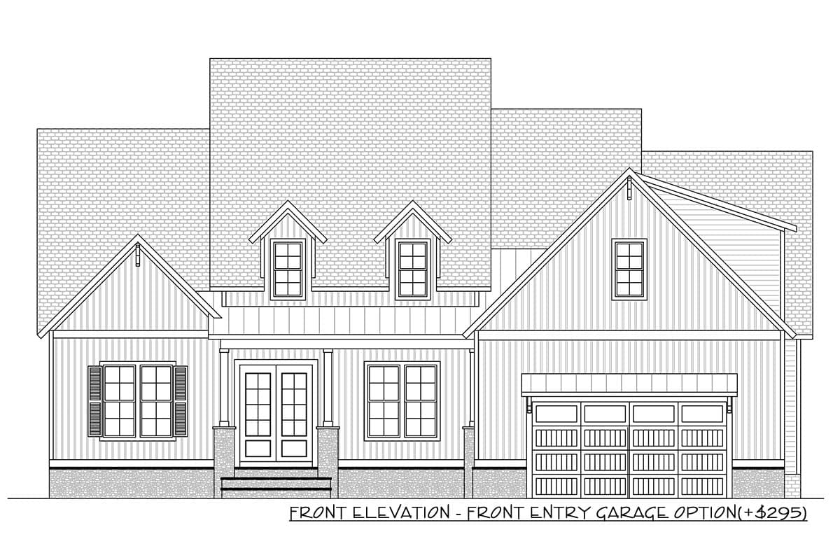 Front elevation of a house plan featuring a covered entry porch, gables, dormers, and a front-entry garage.