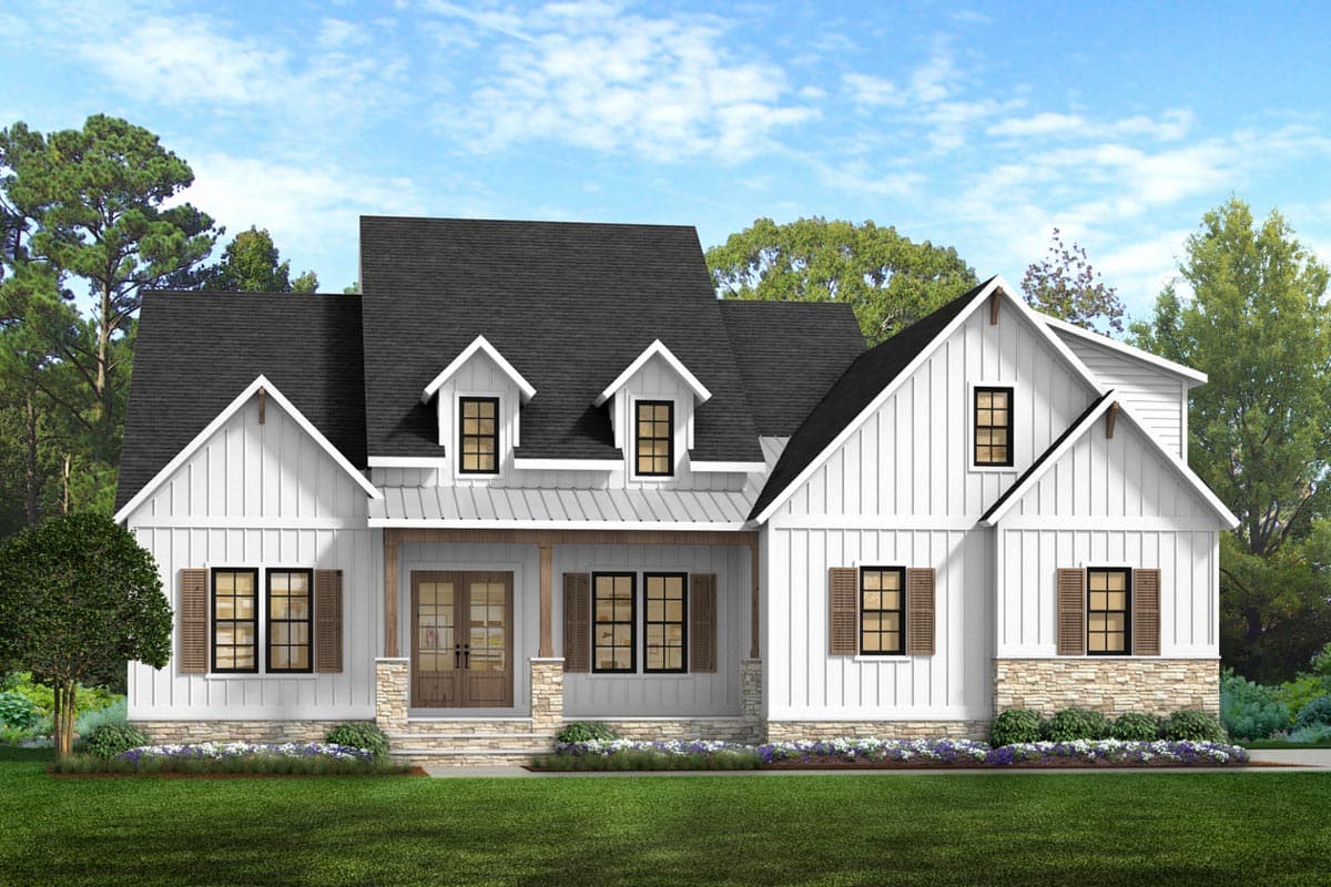 House plan exterior. Two-story Modern Farmhouse with gables, a covered porch, and board-and-batten siding. Features dormers and stone accents.