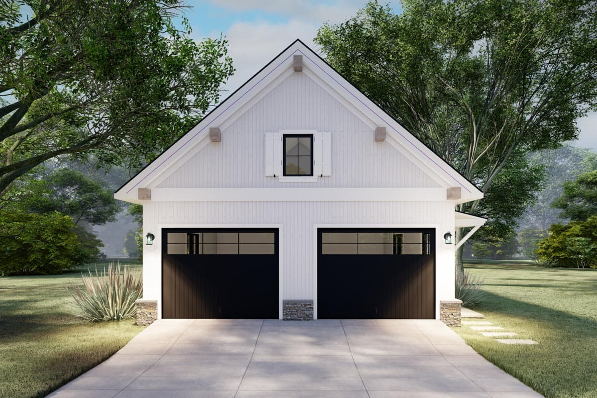 Modern Farmhouse style garage plan exterior with two black garage doors, white siding, gables, and a dormer window.