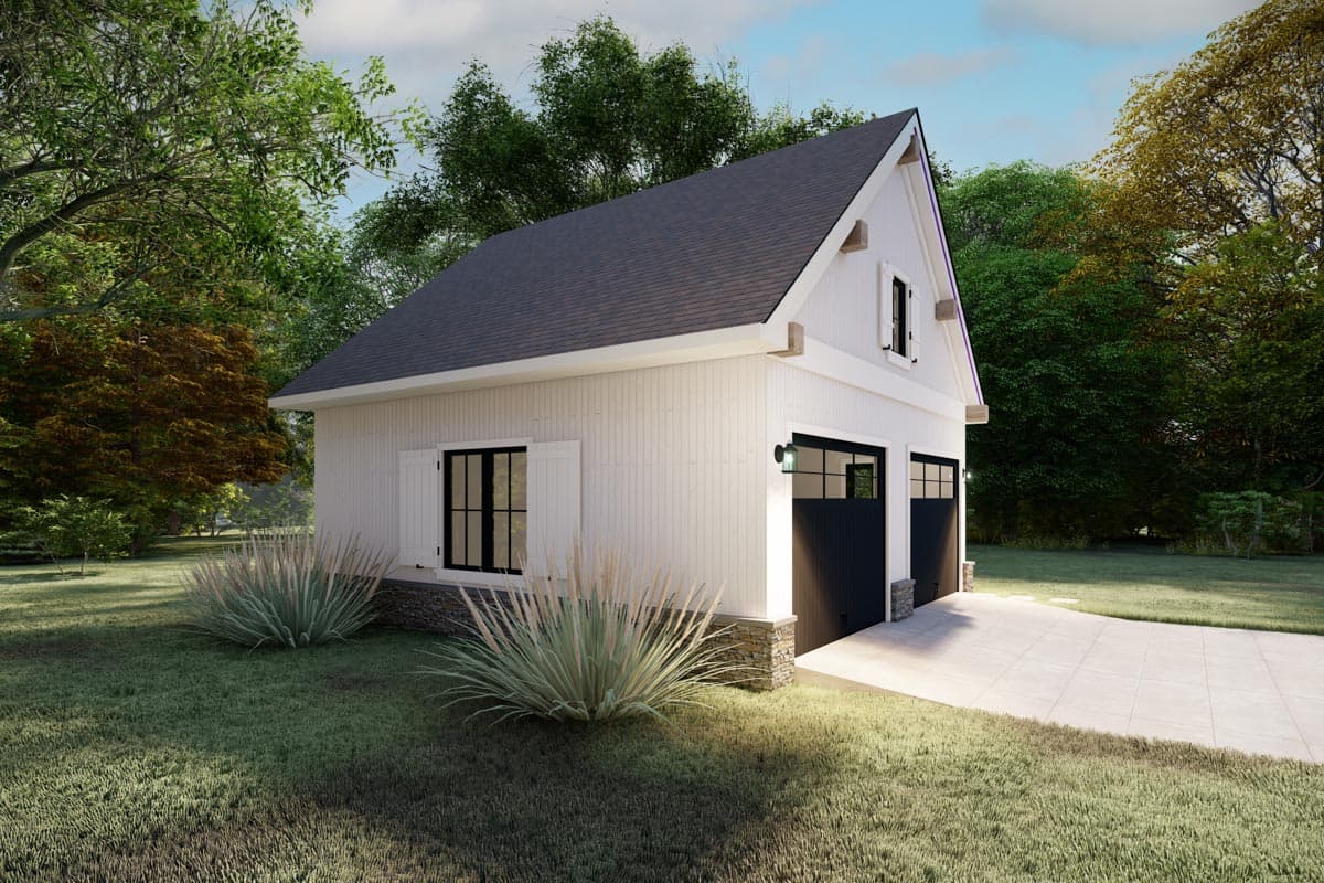 House plan exterior rendering of a white two-story Modern Farmhouse style structure with two garage doors, gable roof, and decorative wood accents.