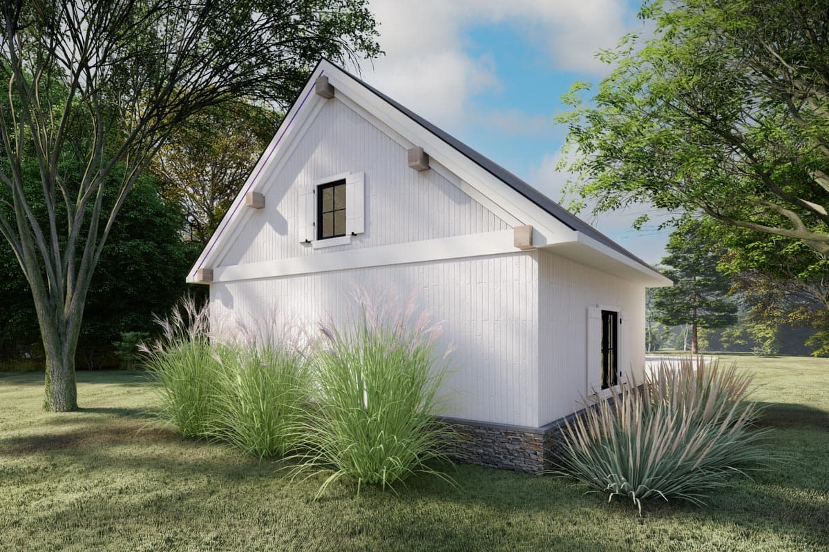 Modern Farmhouse house plan exterior with white vertical siding, gabled roof, dormer window, and stone foundation.