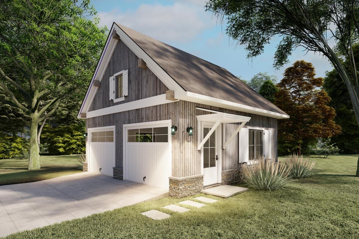 House plan exterior with two garage doors, stone base, dormer window, and covered entryway.