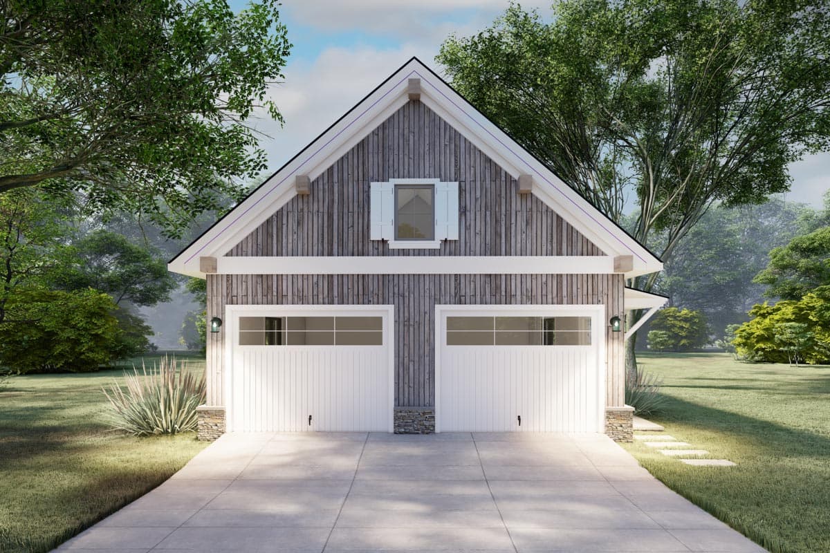 Modern Farmhouse style garage plan featuring vertical siding, two white garage doors, exposed rafter tails, and a gable dormer.