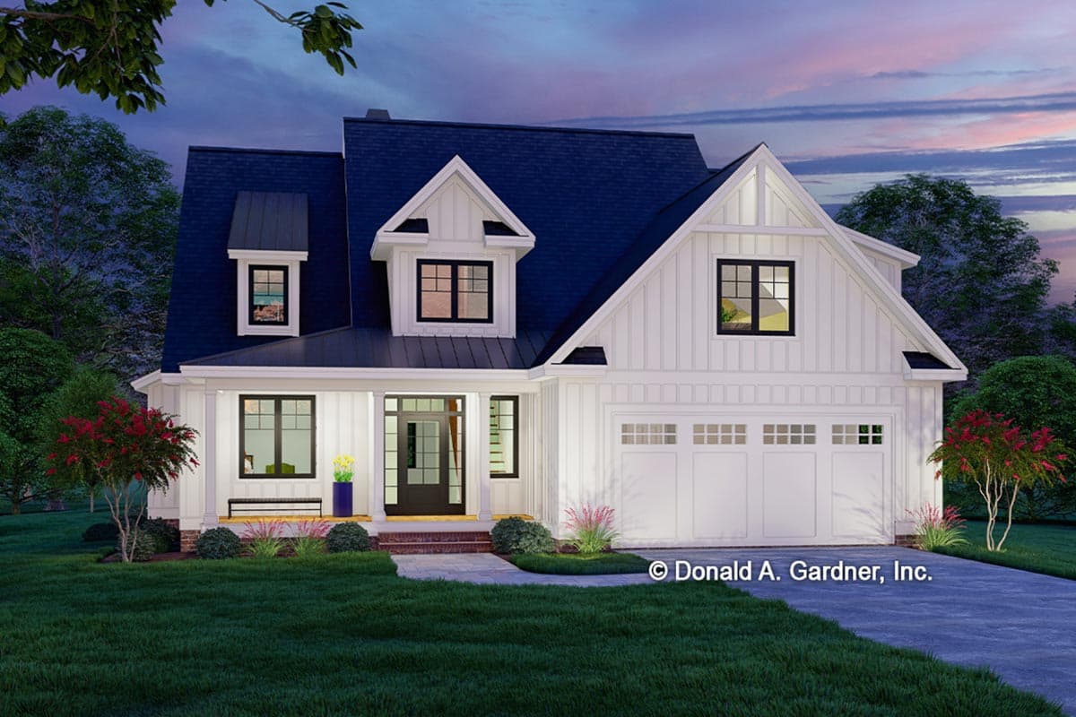 Modern Farmhouse house plan exterior, two stories, covered front porch, dormer, and side-entry garage.