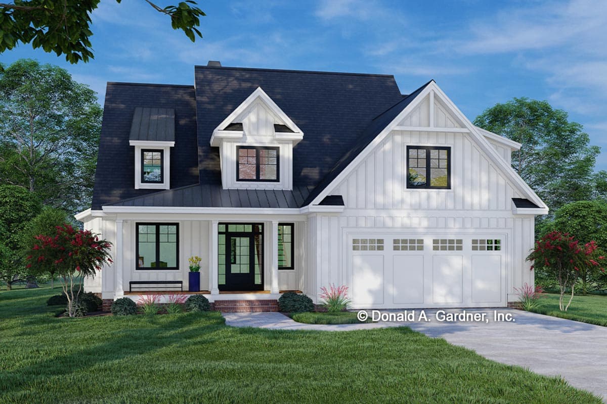 House plan exterior. Two-story Modern Farmhouse with a gabled roof, dormers, and a covered porch. A two-car garage is on the right.