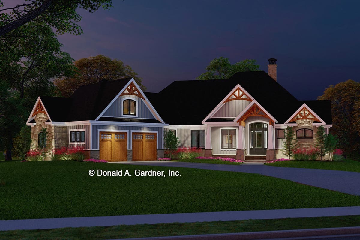 House plan exterior: Modern Farmhouse style, one story, with stone accents, prominent gables, and a three-car garage.