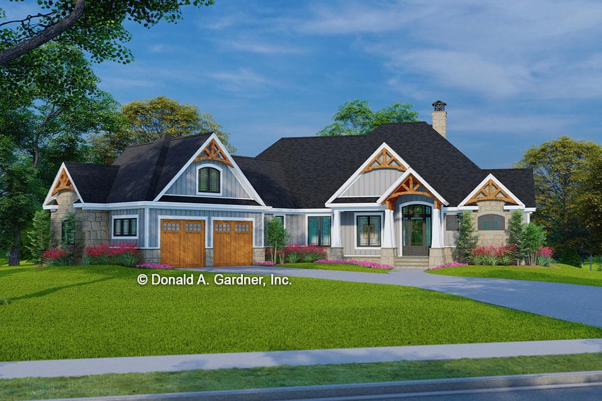 House plan exterior featuring Craftsman-style elements, 1-story with gables, stone accents, and a front-entry porch.