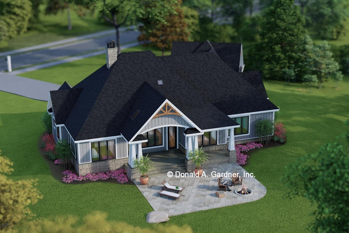 House plan exterior: Ranch style, 1.5 stories, large gabled entrance with timber details, stone foundation, and wrap-around porch.