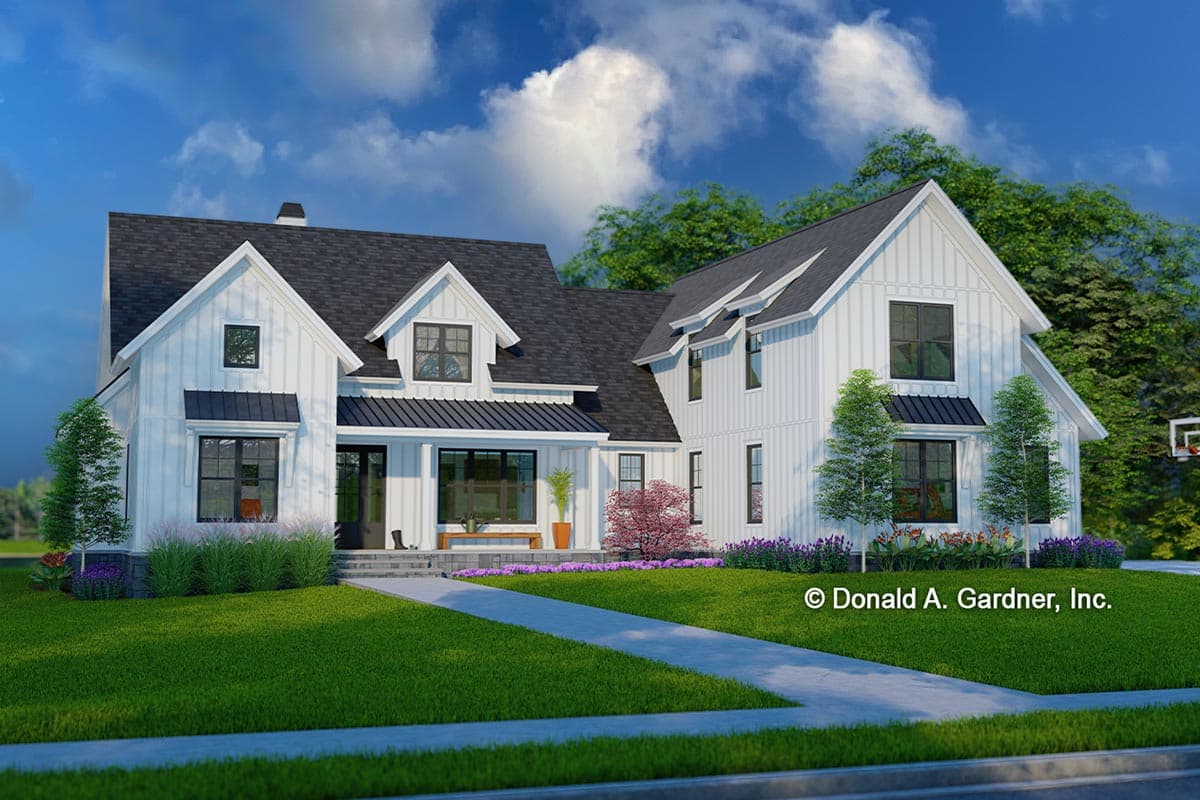 House plan exterior. Two-story Modern Farmhouse with gables, dormers, and a shed-roof porch. Features vertical siding and black roof.